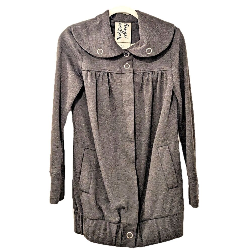 VTG Y2K Foreign Exchange Grey Jersey Snap Front Hip Length Coat w/Pockets, Sz S